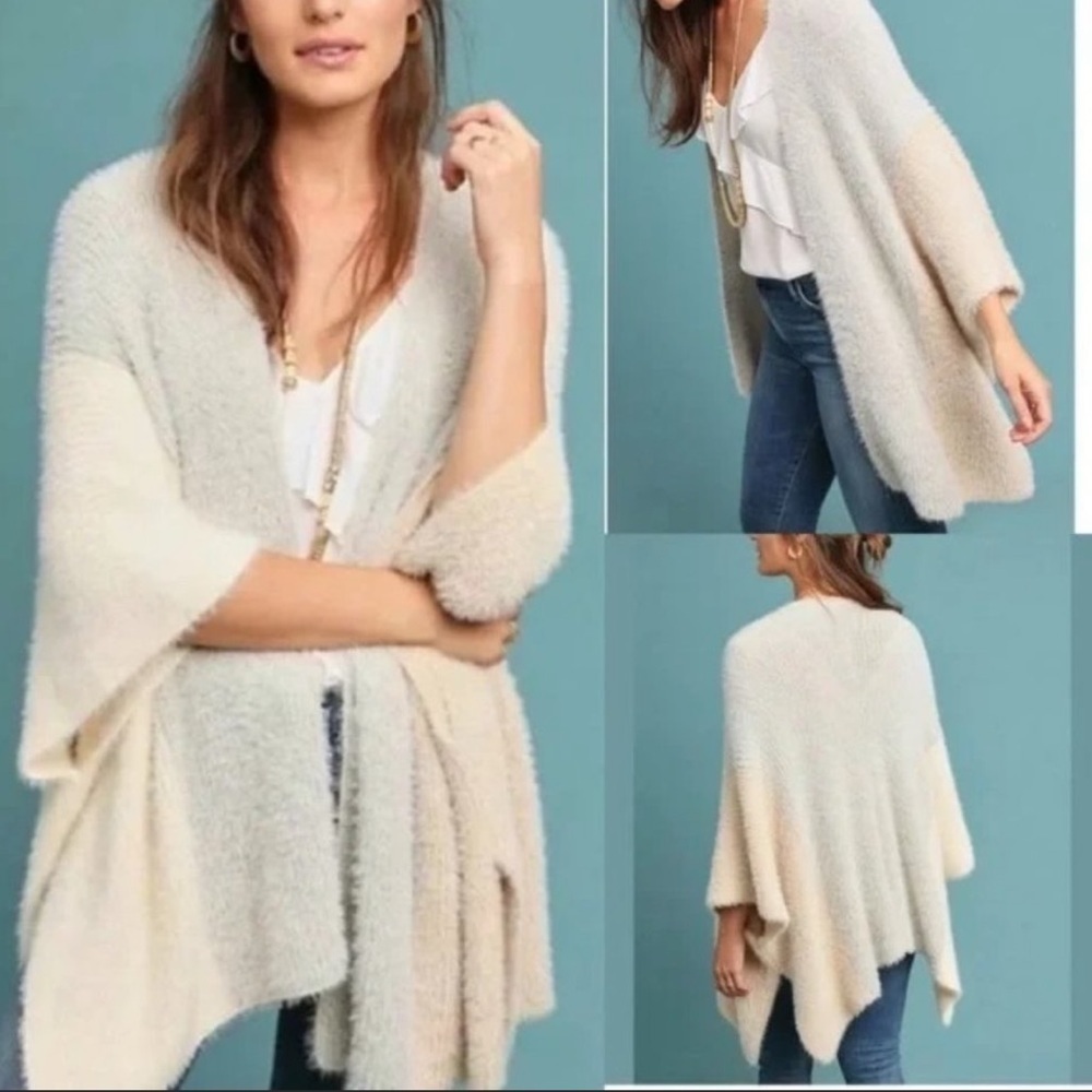 Anthropologie Saturday Sunday Knit Open Front Sweater Cape Gray/Cream/Tan O/S